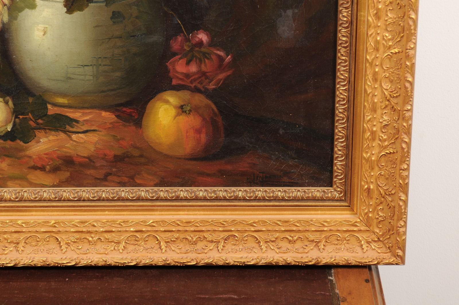 French Napoleon III 1860s Still-Life Oil Painting Depicting Roses and Fruits 1