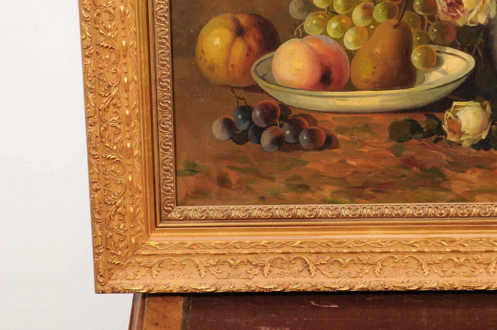 French Napoleon III 1860s Still-Life Oil Painting Depicting Roses and Fruits 2