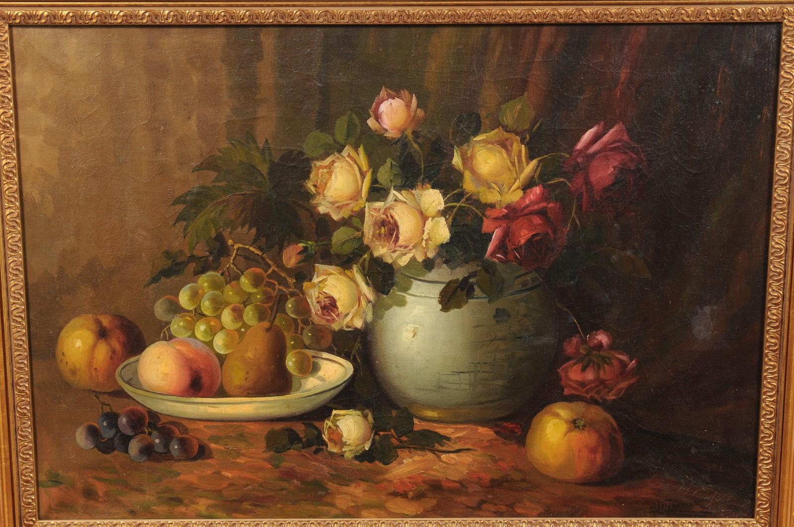 French Napoleon III 1860s Still-Life Oil Painting Depicting Roses and Fruits For Sale 3