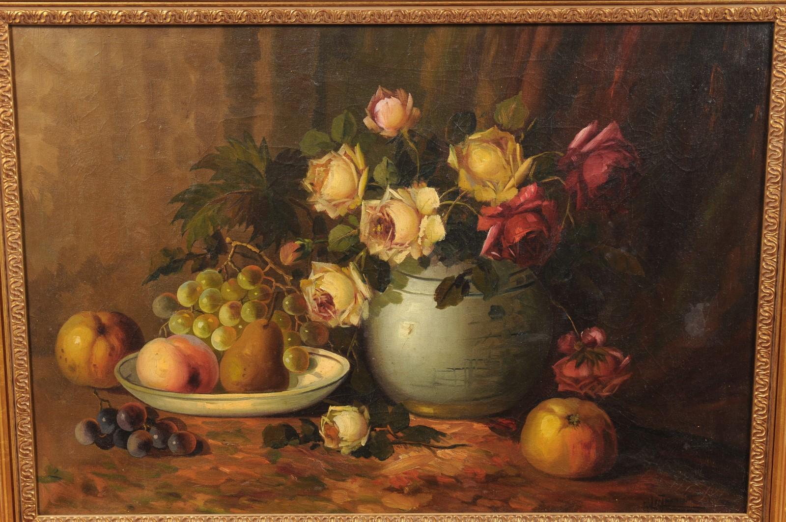 French Napoleon III 1860s Still-Life Oil Painting Depicting Roses and Fruits 3