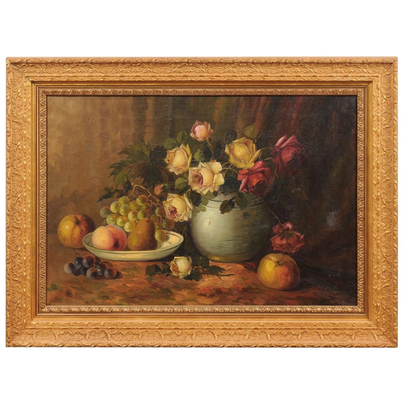 French Napoleon III 1860s Still-Life Oil Painting Depicting Roses and Fruits For Sale