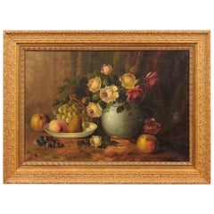 French Napoleon III 1860s Still-Life Oil Painting Depicting Roses and Fruits