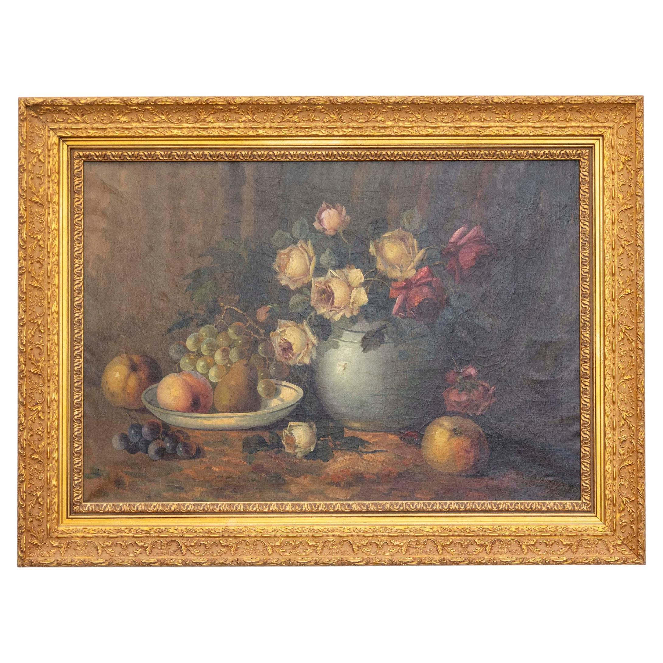 Napoleón III francés Pintura al óleo de naturaleza muerta de 1860 que representa rosas y frutas