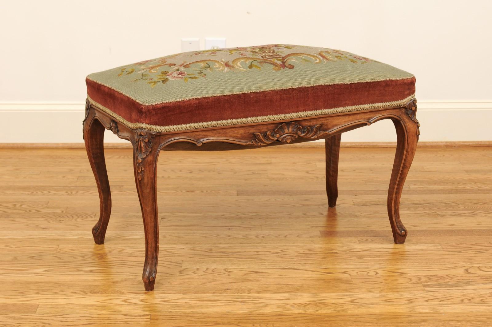 Upholstery French Napoléon III 1860s Walnut Banquette with Original Needlepoint Tapestry