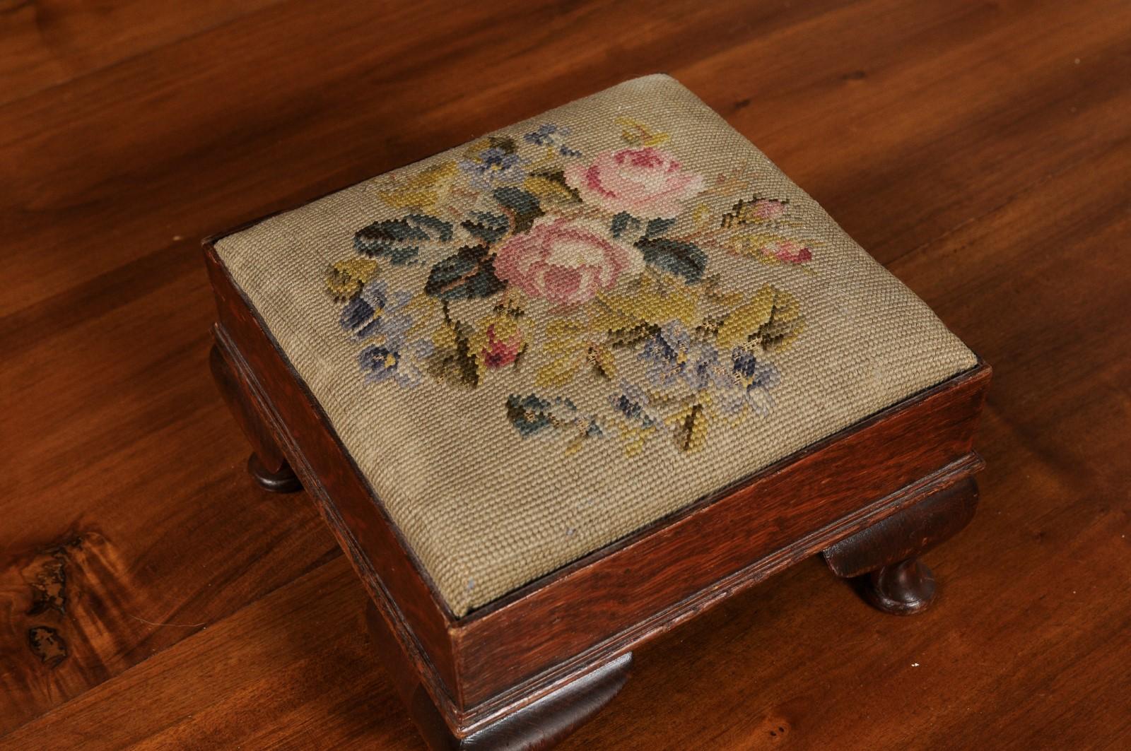 19th Century French Napoleon III 1870s Petite Footstool with Floral Needlepoint Upholstery