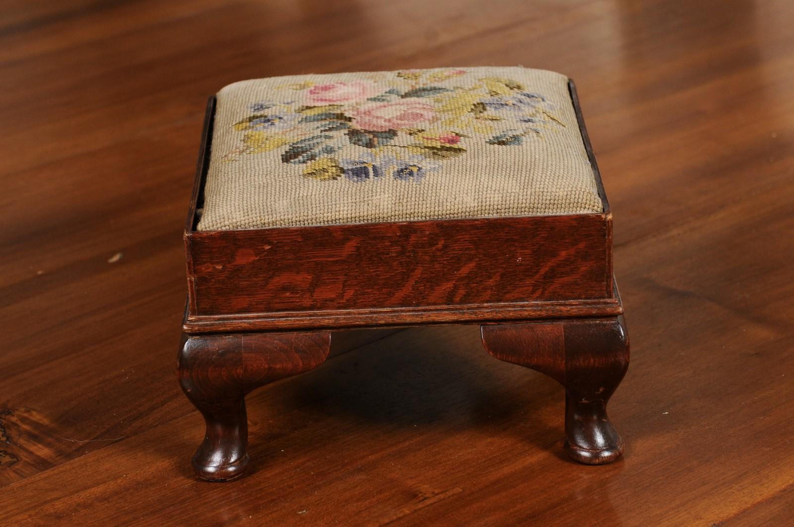 Tapestry French Napoleon III 1870s Petite Footstool with Floral Needlepoint Upholstery