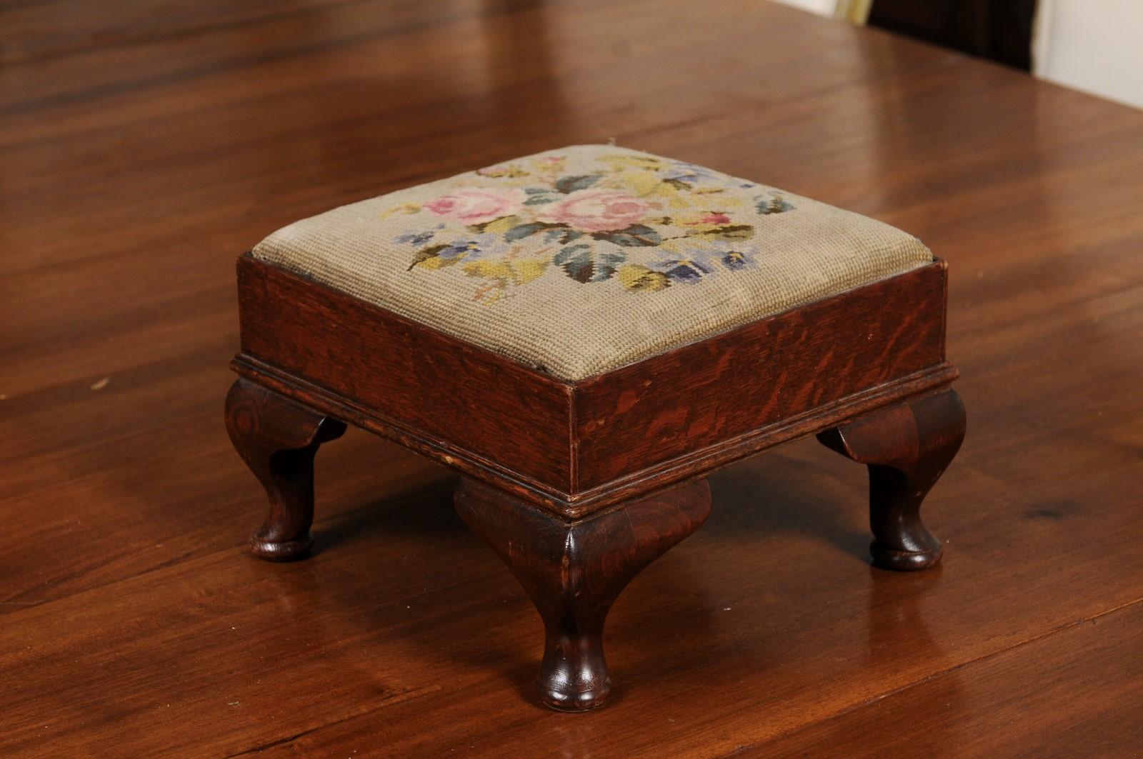 French Napoleon III 1870s Petite Footstool with Floral Needlepoint Upholstery 1