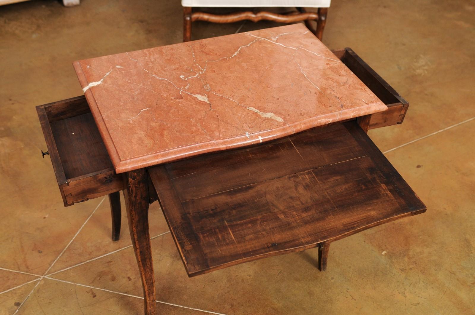 19th Century French Napoléon III 1870s Table with Red Marble Top, Two Drawers and Pull-Out