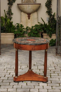 French Napoleon III 1870s Walnut Table with Marble Top and Bronze Capitals