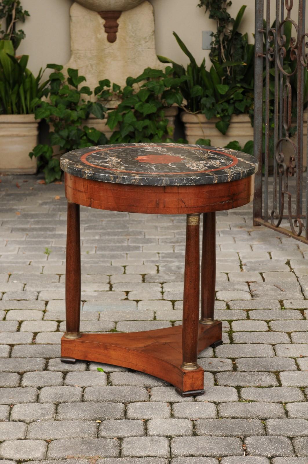 Veneer French Napoleon III 1870s Walnut Table with Marble Top and Bronze Capitals For Sale