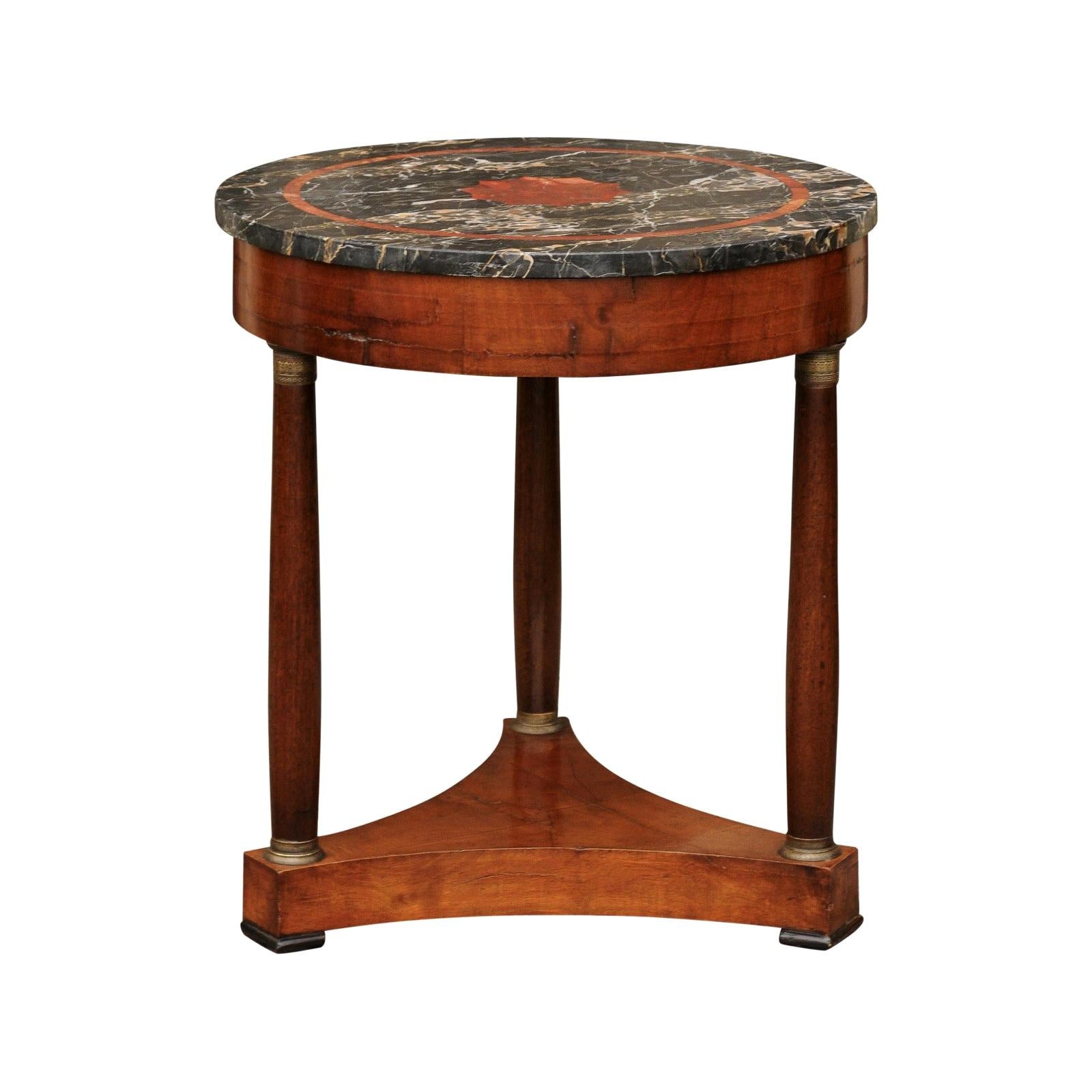 French Napoleon III 1870s Walnut Table with Marble Top and Bronze Capitals