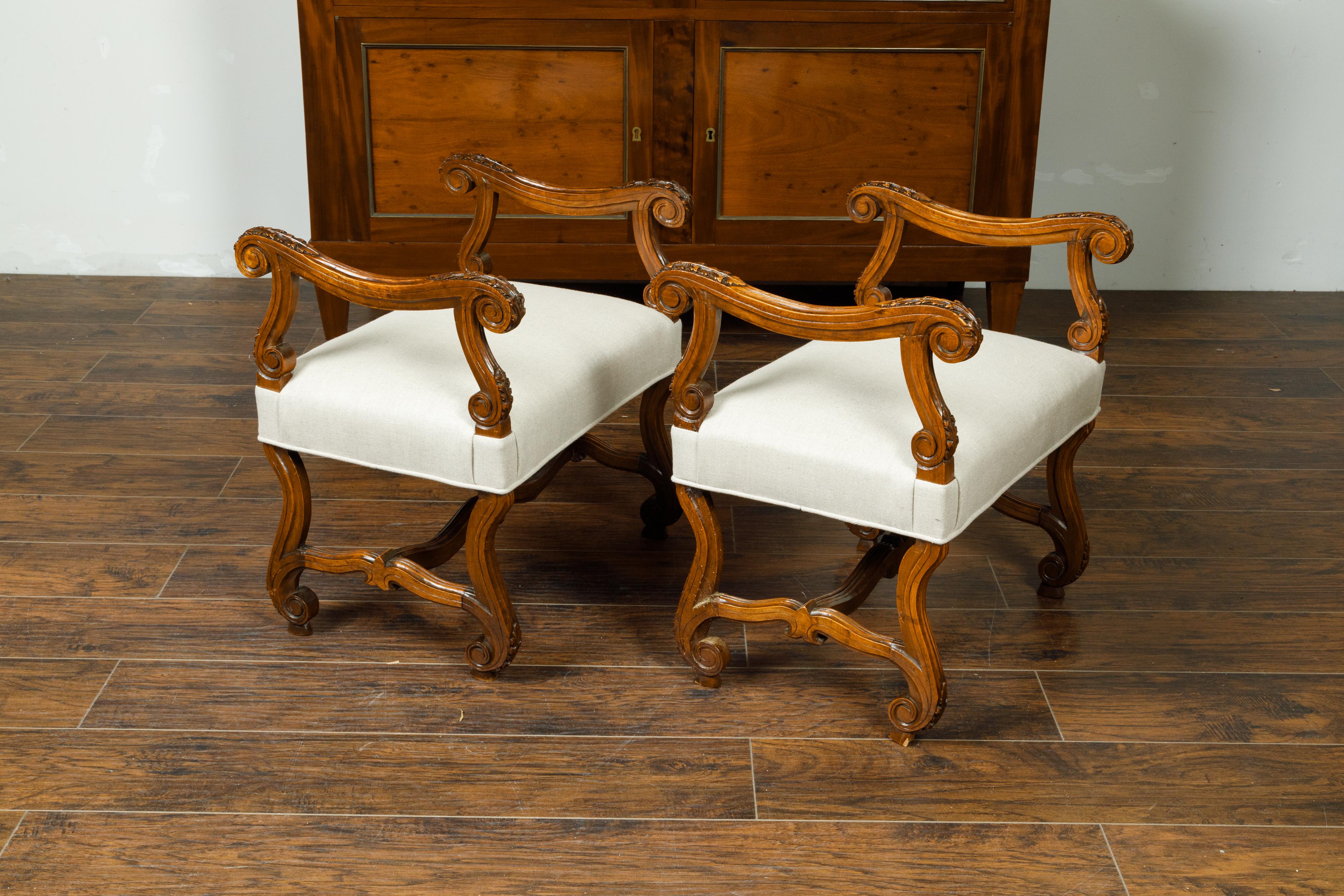 Napoleon III French Napoléon III 1870s Walnut Upholstered Stools with Scrolling Accents For Sale