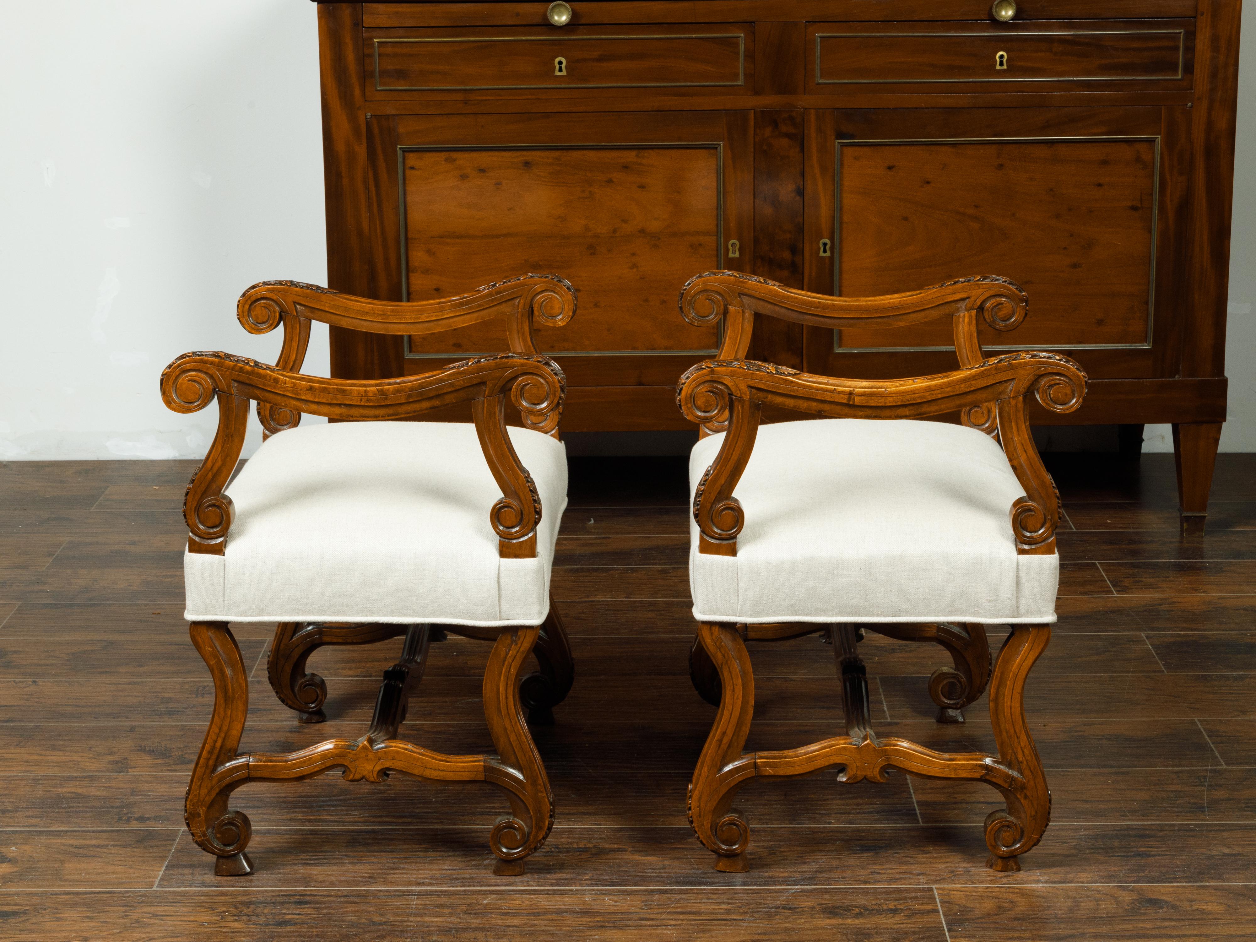 French Napoléon III 1870s Walnut Upholstered Stools with Scrolling Accents In Good Condition For Sale In Atlanta, GA