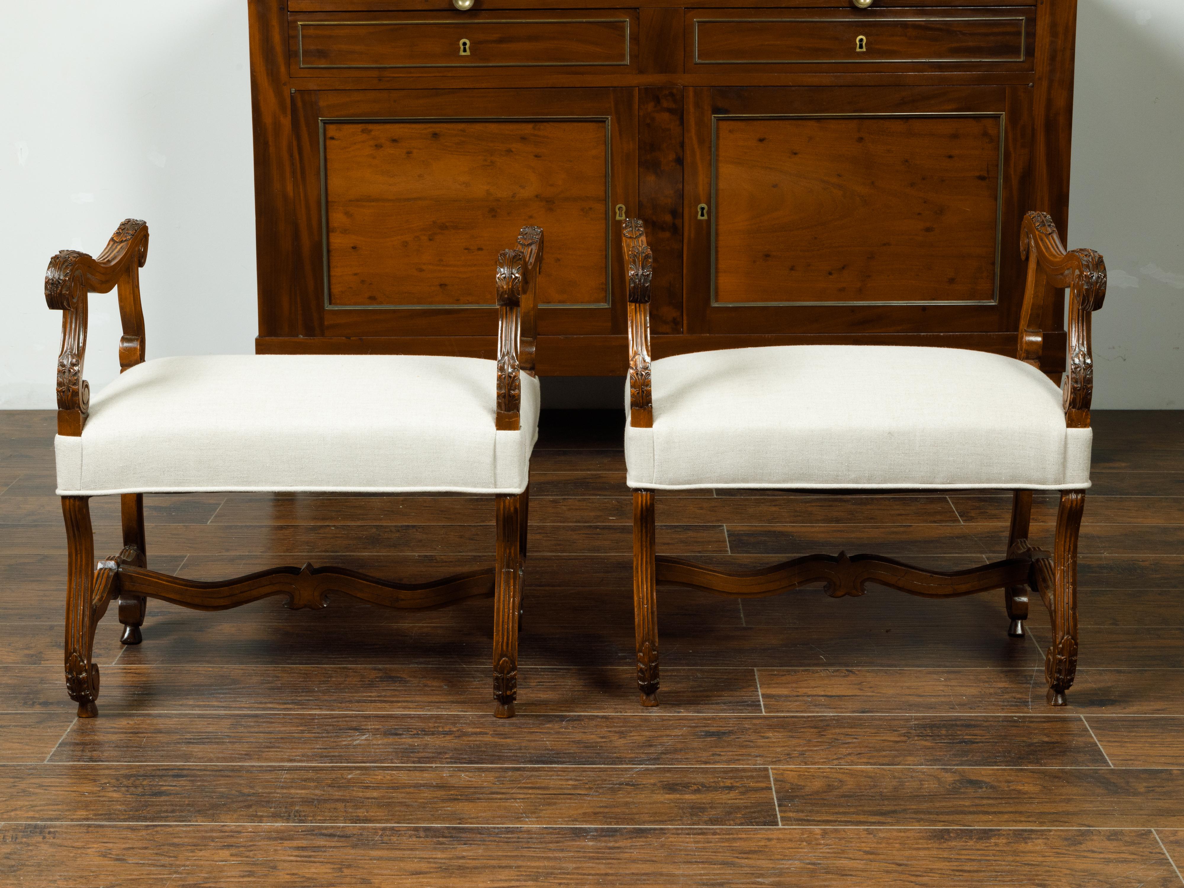 French Napoléon III 1870s Walnut Upholstered Stools with Scrolling Accents For Sale 3