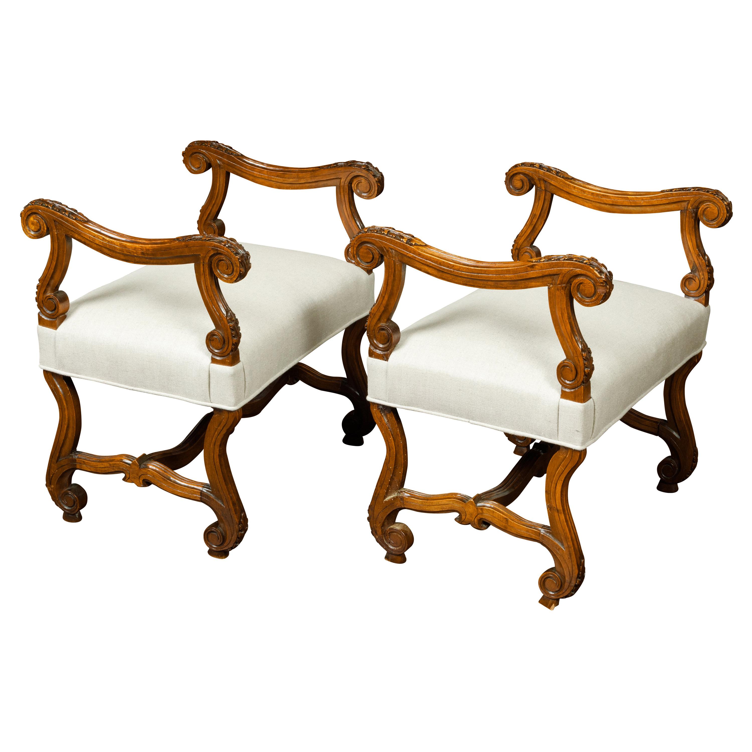 French Napoléon III 1870s Walnut Upholstered Stools with Scrolling Accents