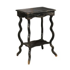 French Napoleon III 1880s Black Painted Side Table with Wavy Legs and Low Shelf