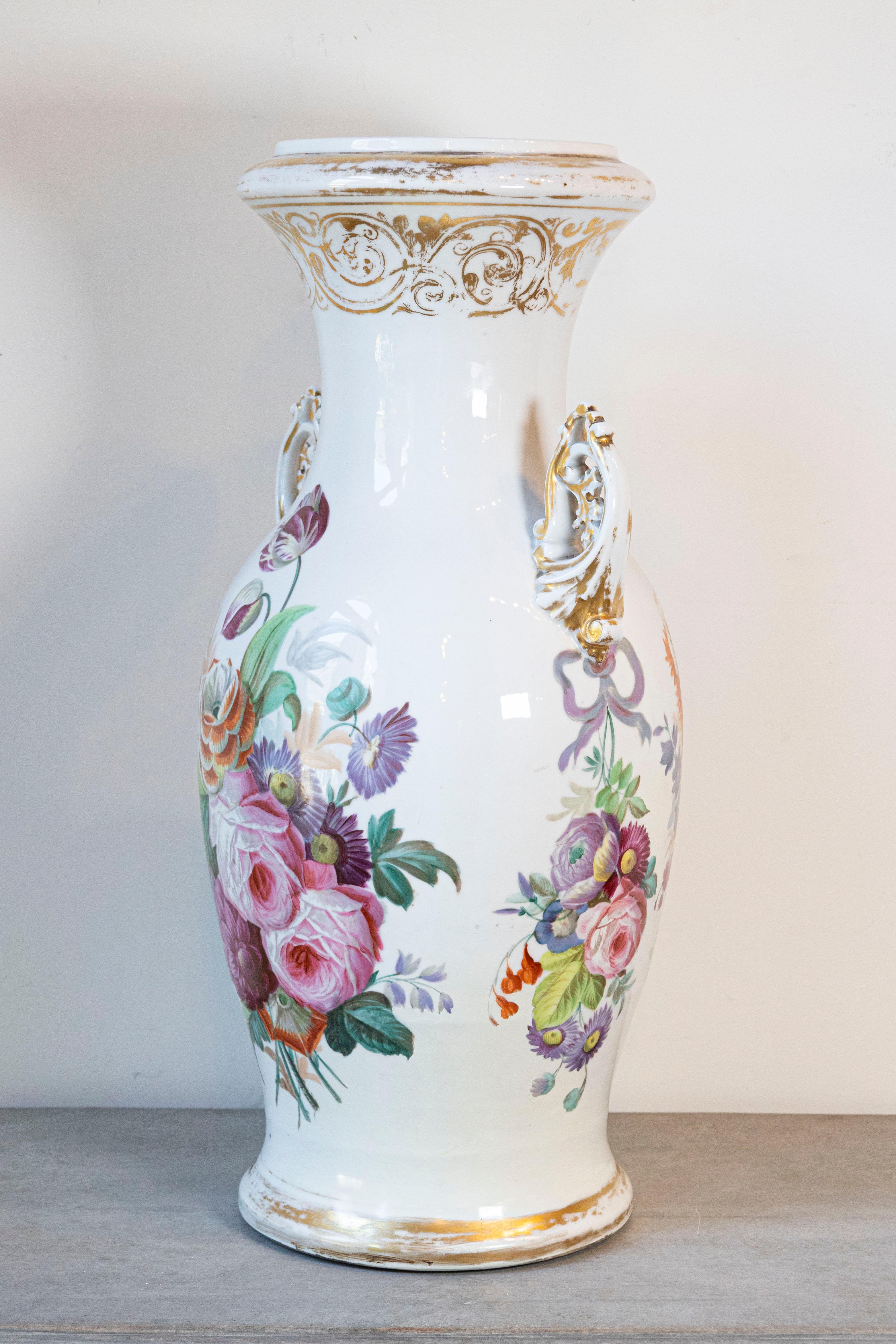 Gilt French Napoleon III 19th Century Hand-Painted Porcelain Vase with Floral Décor For Sale