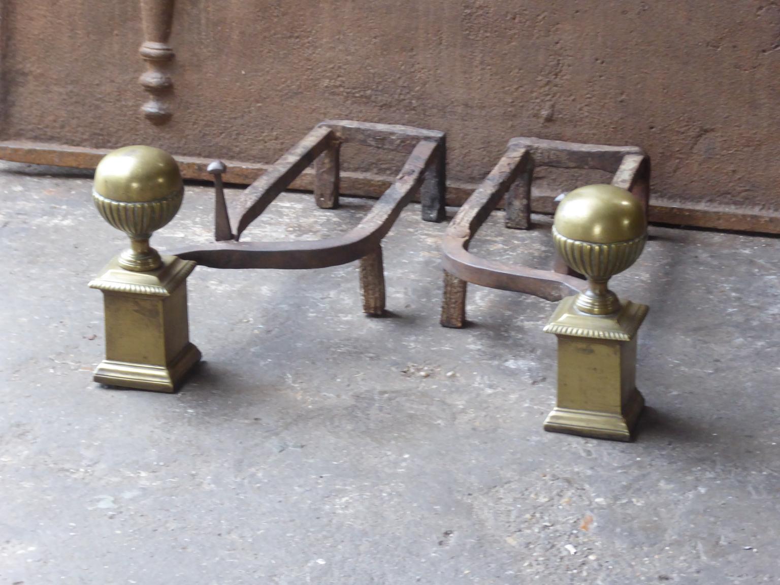19th century French Napoleon III andirons made of brass and wrought iron. The andirons are in a good condition.