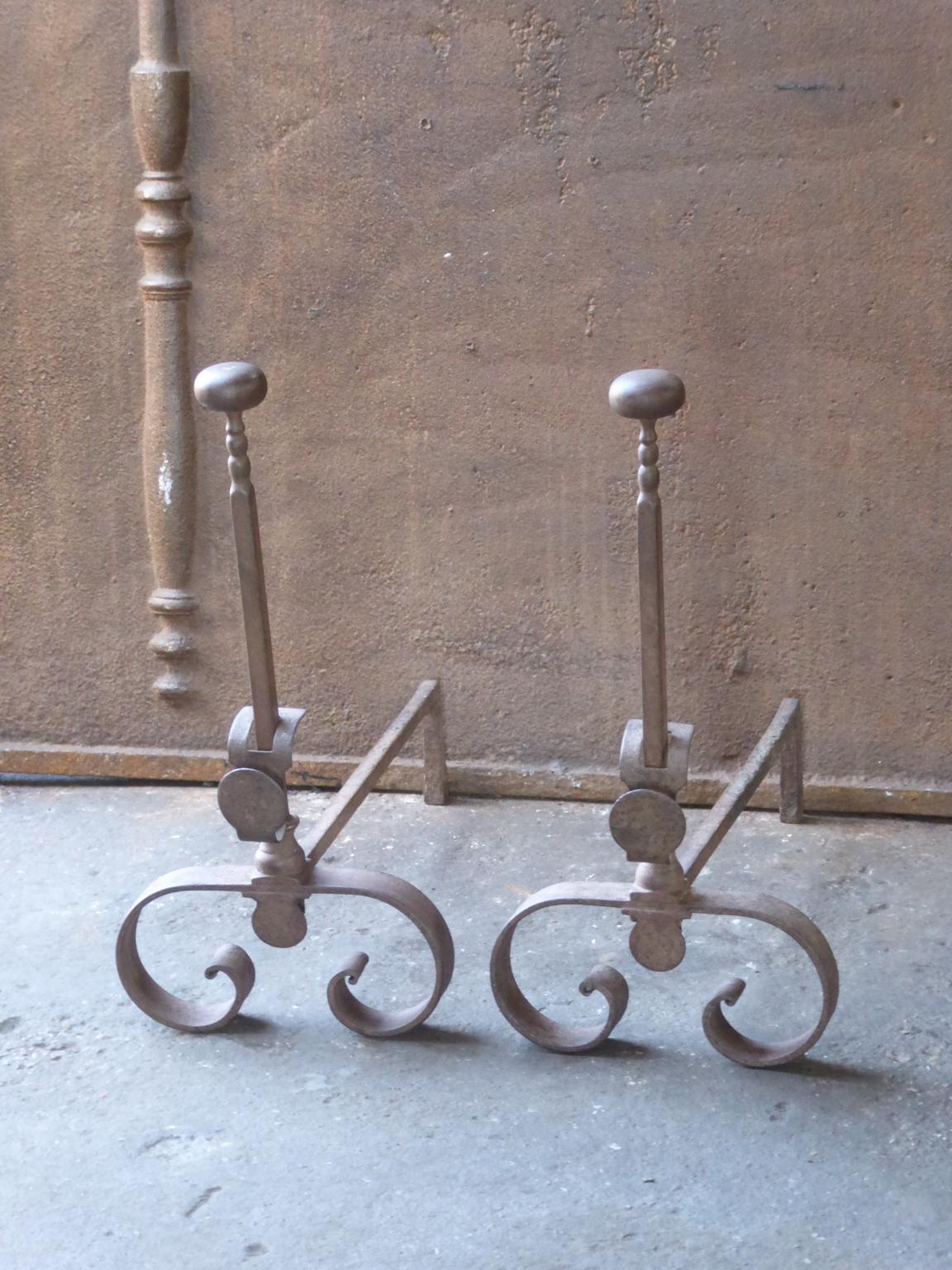 Forged French Napoleon III Andirons or Firedogs, 19th Century
