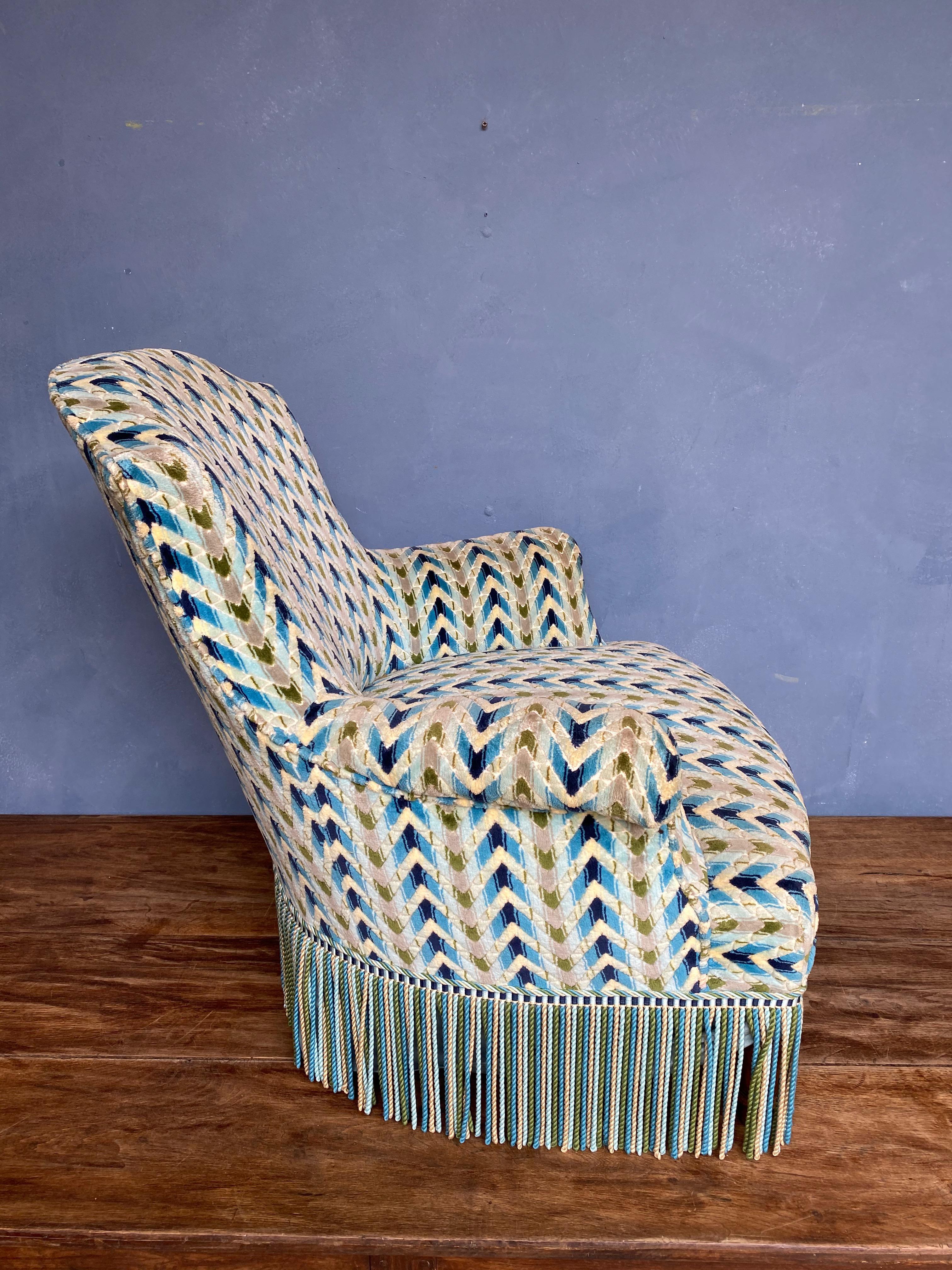 19th Century French Napoleon III Armchair in Geometric Patterned Velvet