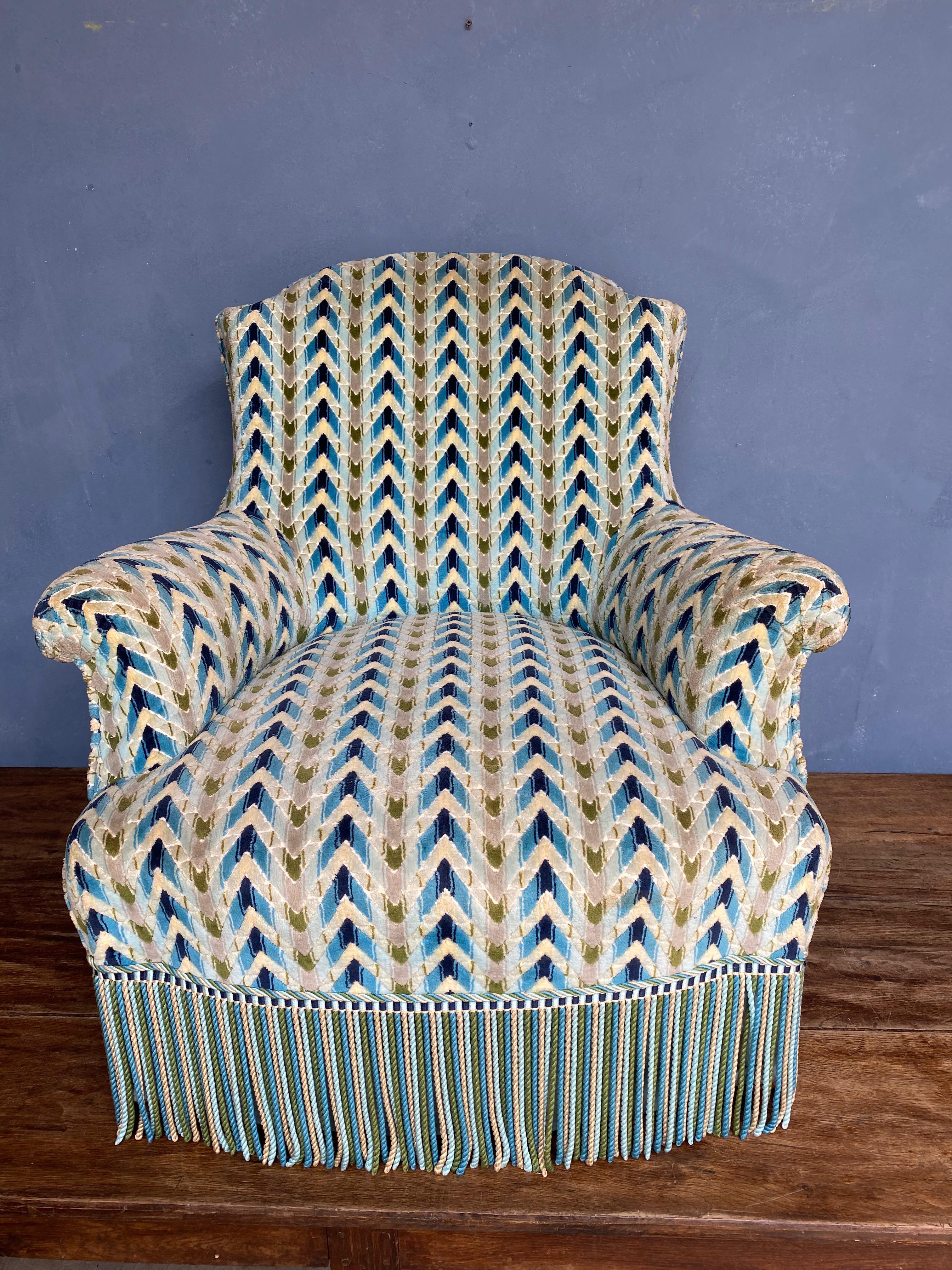 Fabric French Napoleon III Armchair in Geometric Patterned Velvet