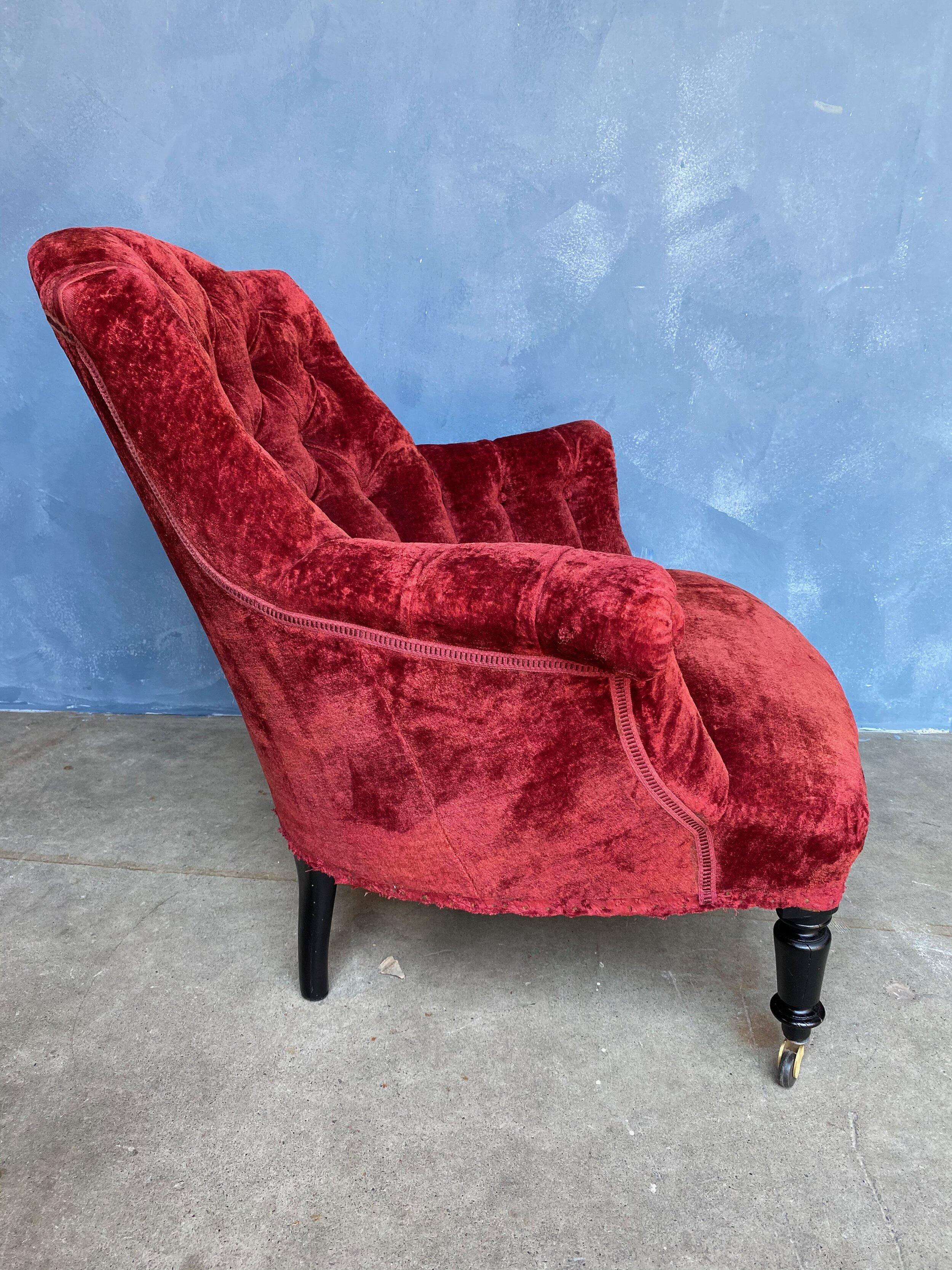 Fabric French Napoleon III Armchair in Red Velvet