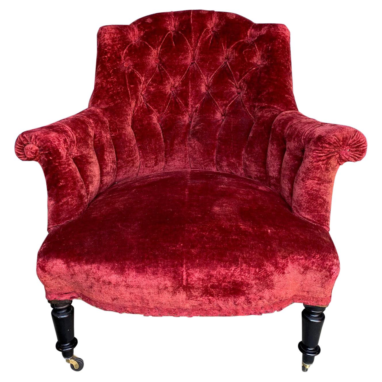 French Napoleon III Armchair in Red Velvet