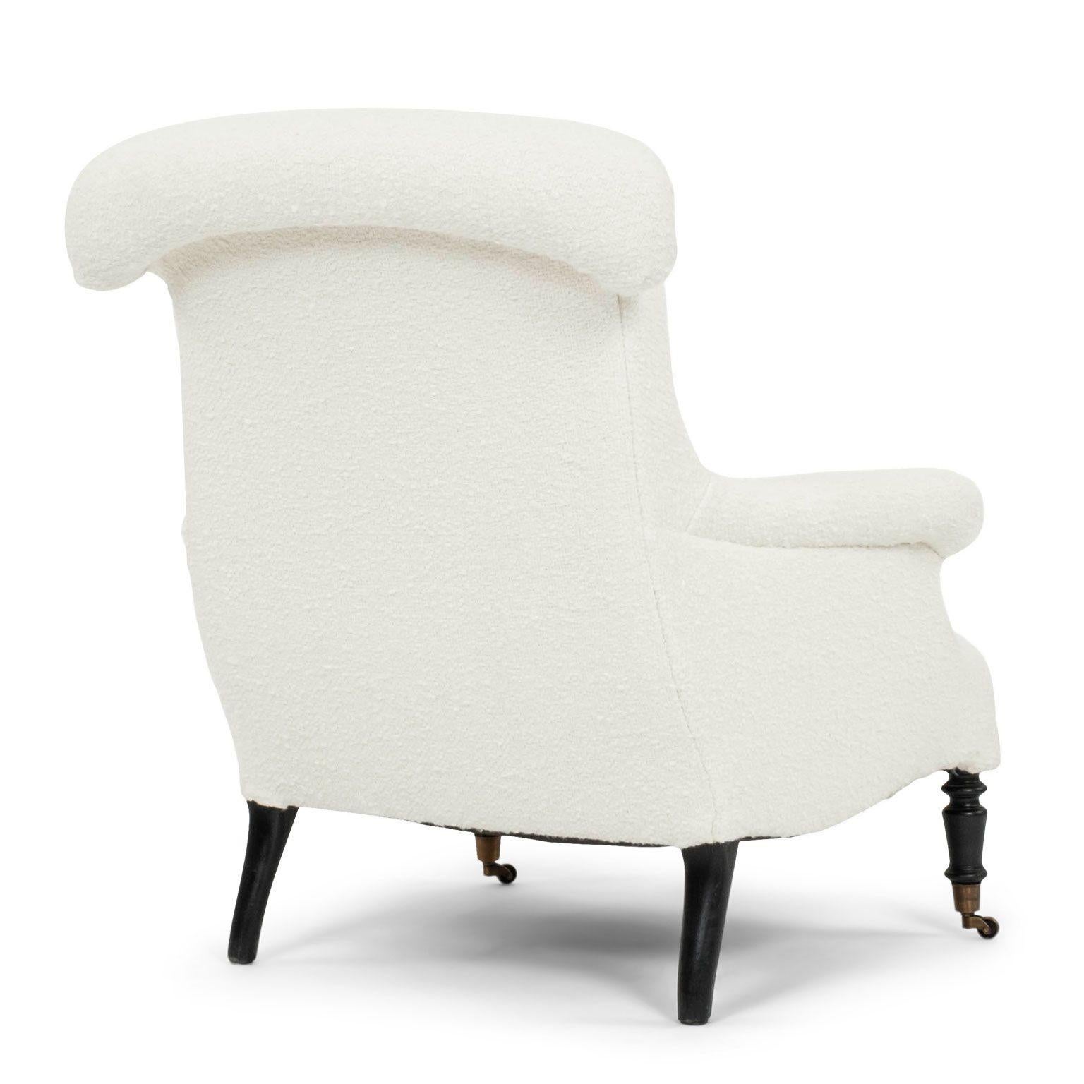 Hand-Carved Large French Napoleon III Armchair in White Boucle For Sale