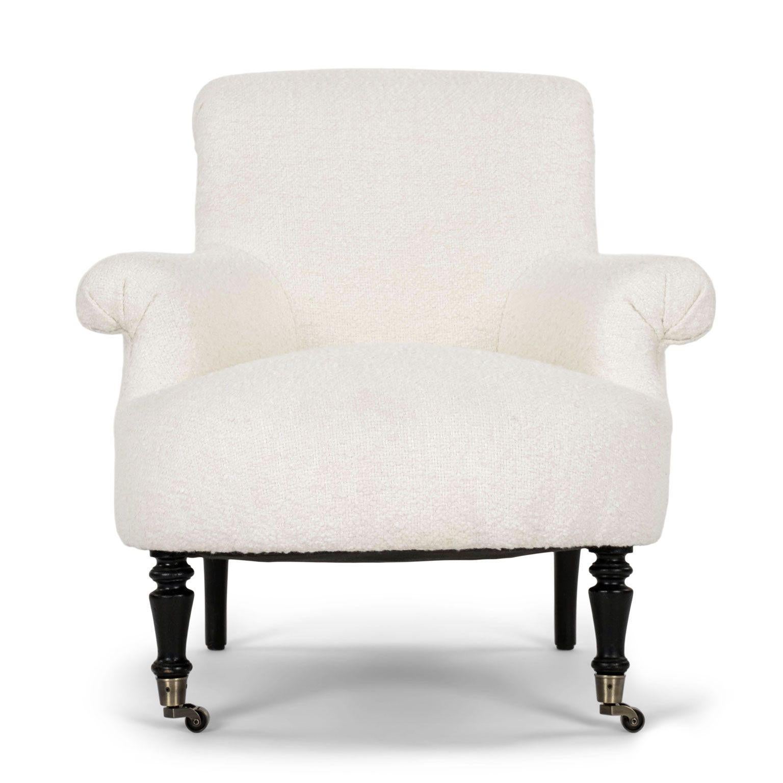 Brass French Napoleon III Armchair in White Boucle For Sale