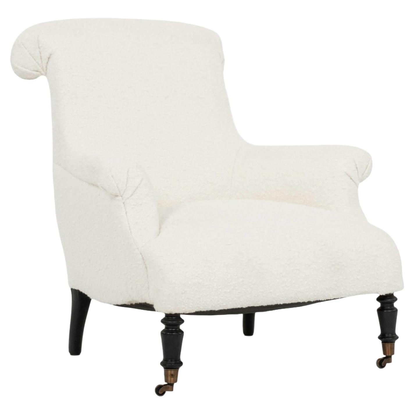 Large French Napoleon III Armchair in White Boucle For Sale