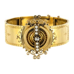 Bracciale francese Napoleone III articolato in oro con diamanti e perle naturali