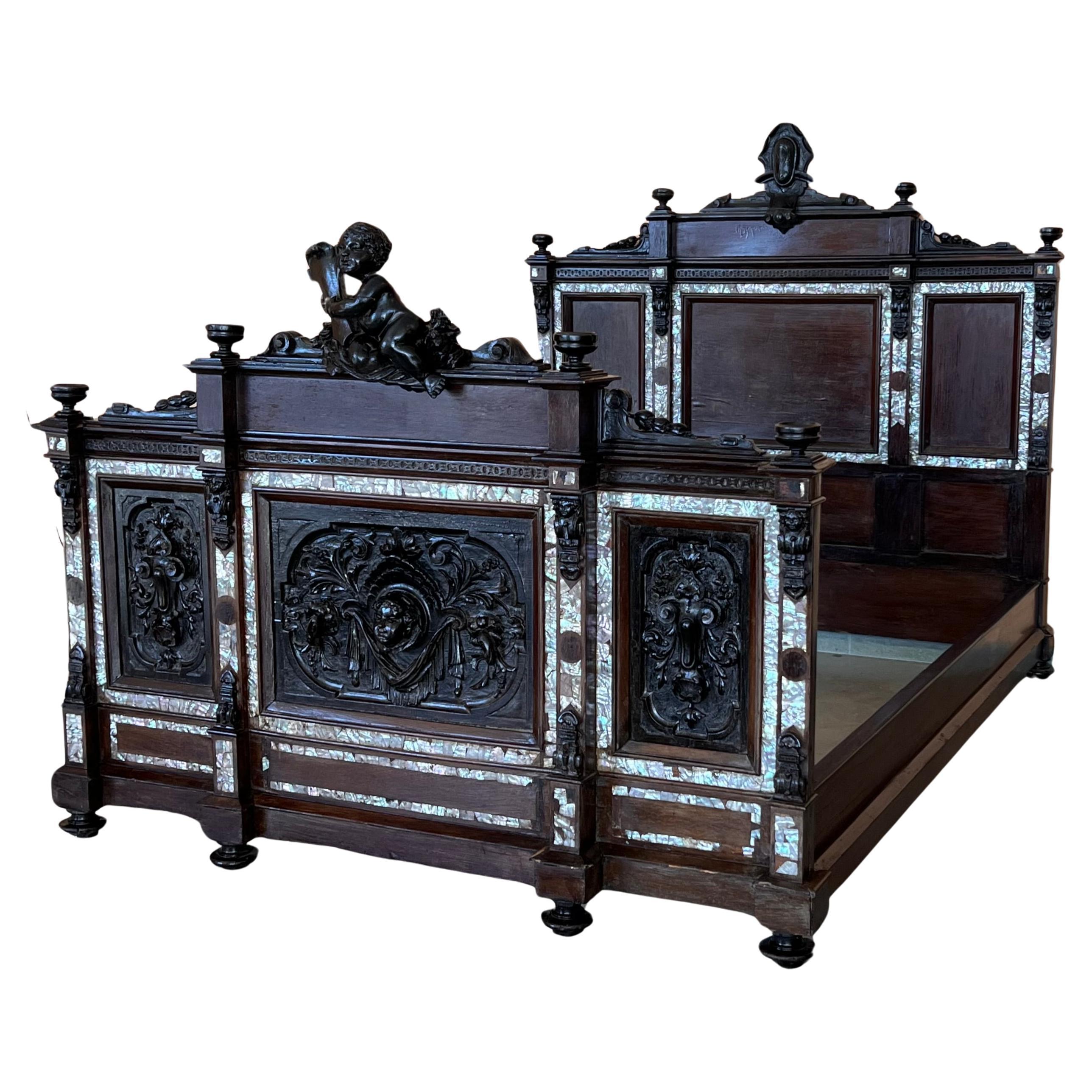 French Napoleon III Black Carved Ebonized Bed with Cherubs 