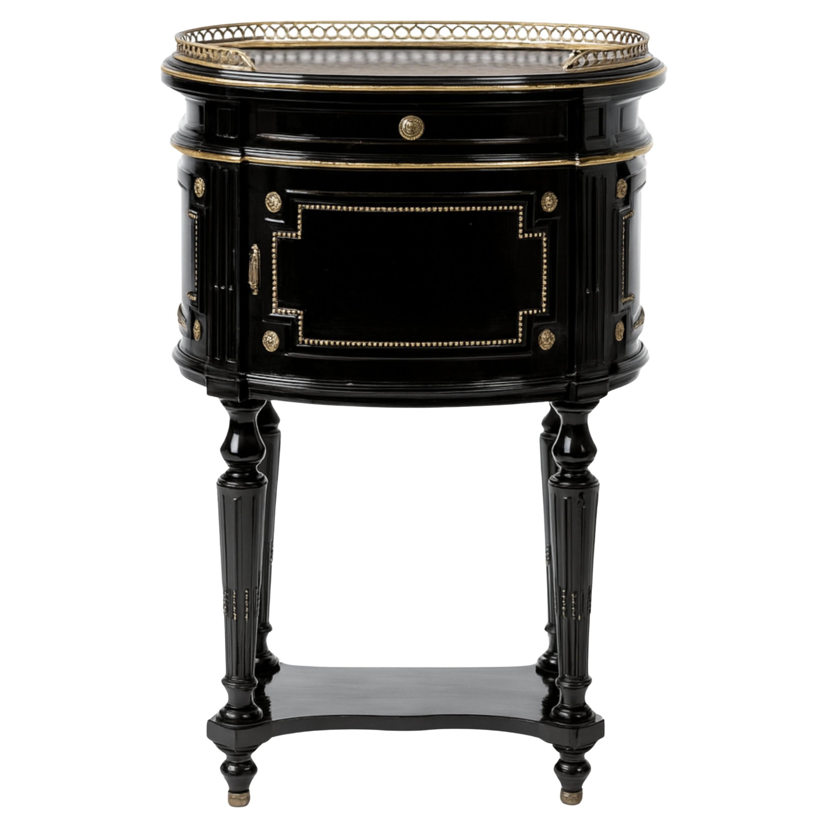 French Napoleon III Black Lacquer Hand-Carved Bedside Table Night Stand