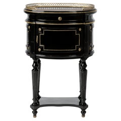 French Napoleon III Black Lacquer Hand-Carved Bedside Table Night Stand