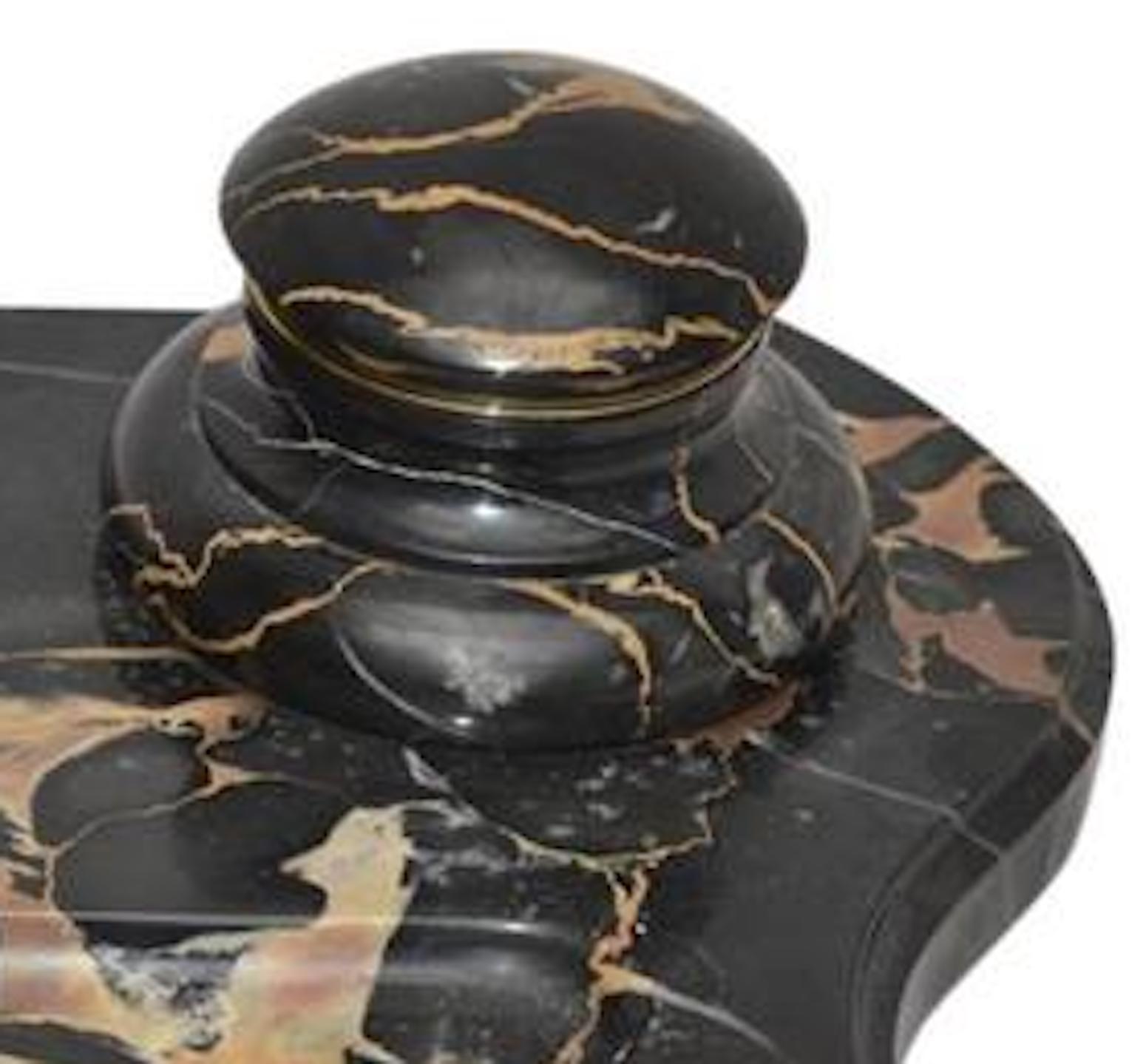 19th Century French Napoleon III Black Portoro Marble Inkwell Desk Set For Sale