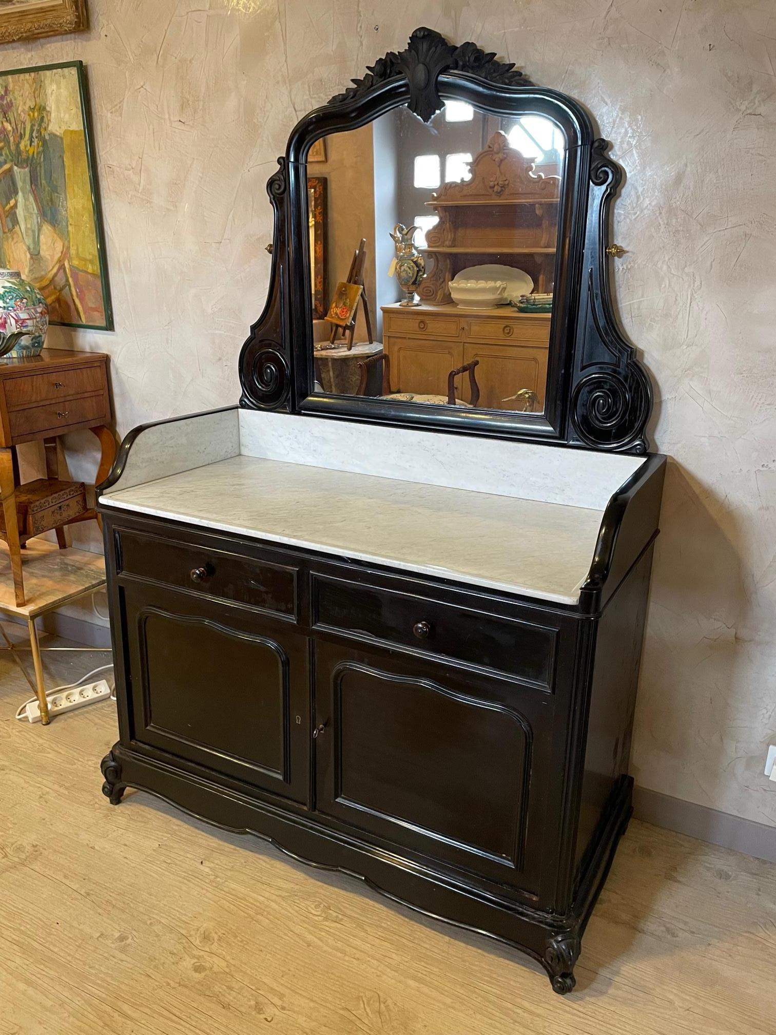 French Napoleon III Blackened Pearwood and Marble Dresser, 1870s In Good Condition In LEGNY, FR