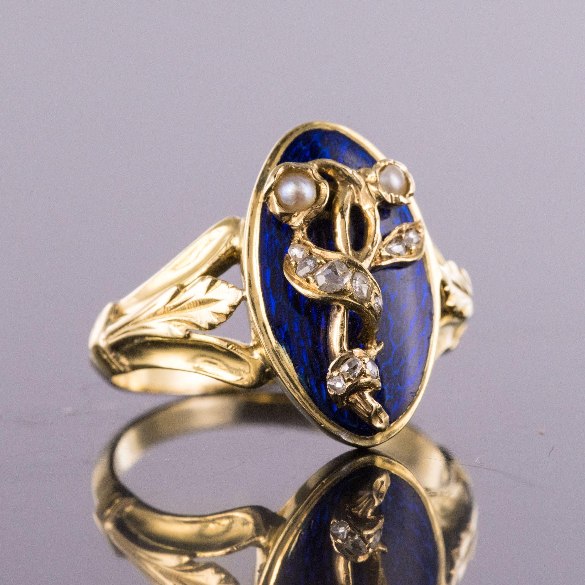 French Napoleon III Blue Enamel Natural Pearl Diamond Antique Ring 4