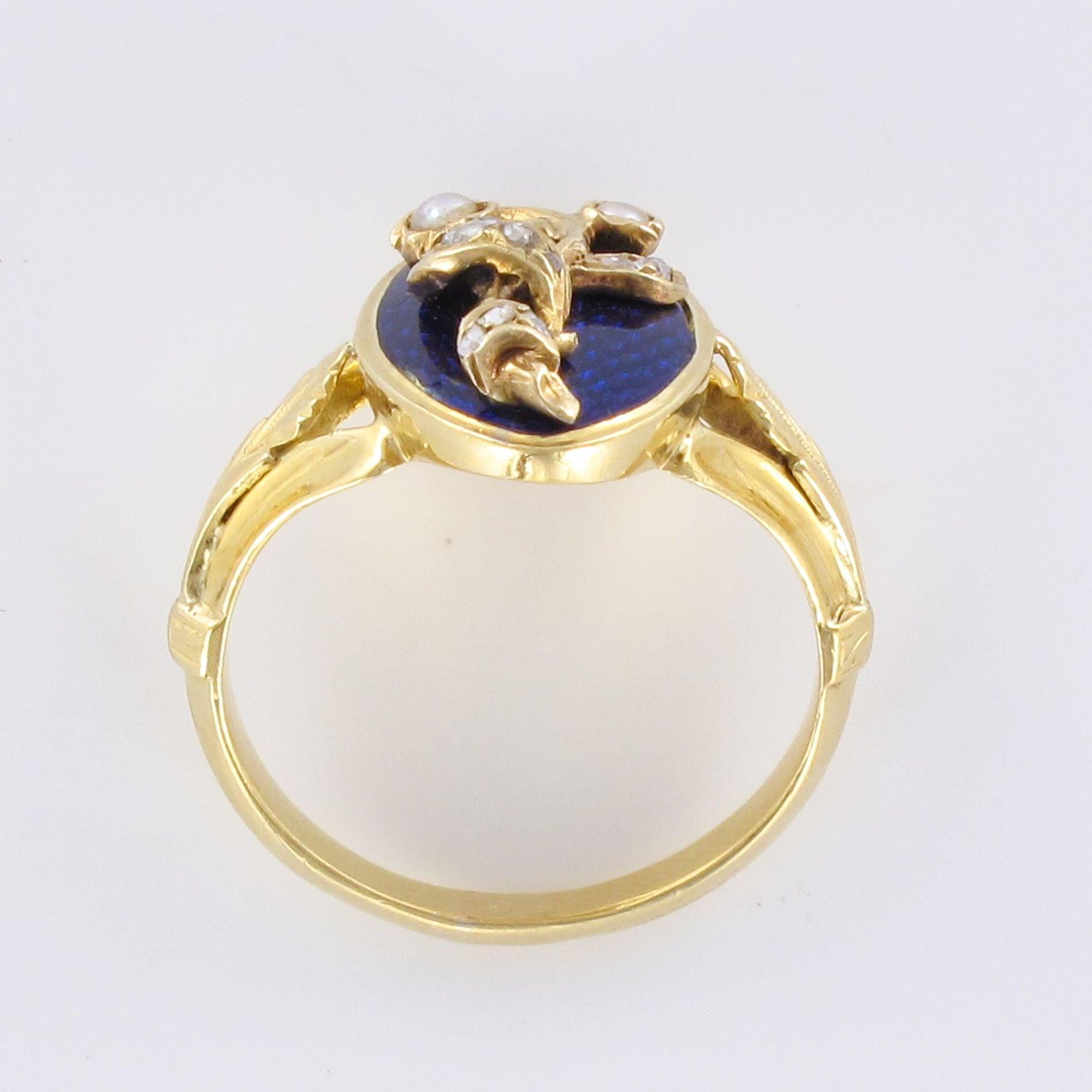 French Napoleon III Blue Enamel Natural Pearl Diamond Antique Ring 6