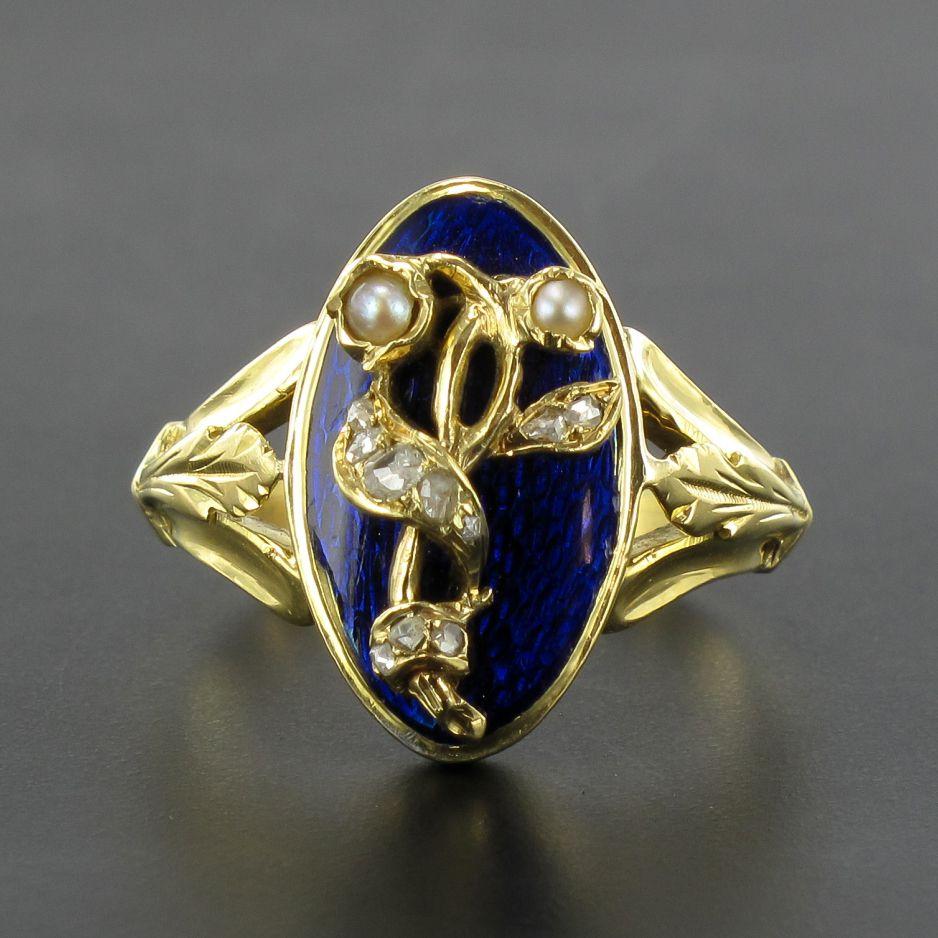 French Napoleon III Blue Enamel Natural Pearl Diamond Antique Ring 8