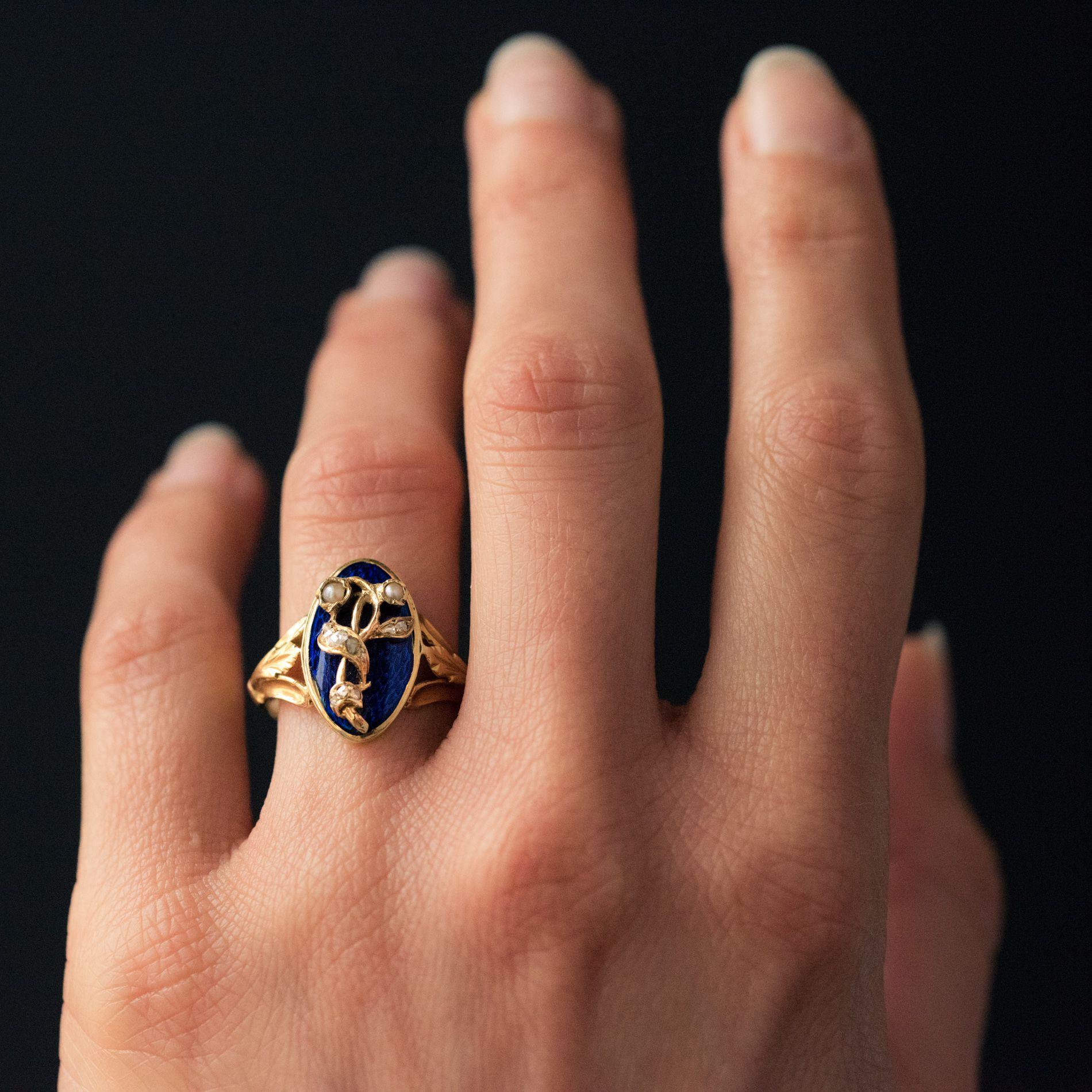 French Napoleon III Blue Enamel Natural Pearl Diamond Antique Ring In Excellent Condition In Poitiers, FR