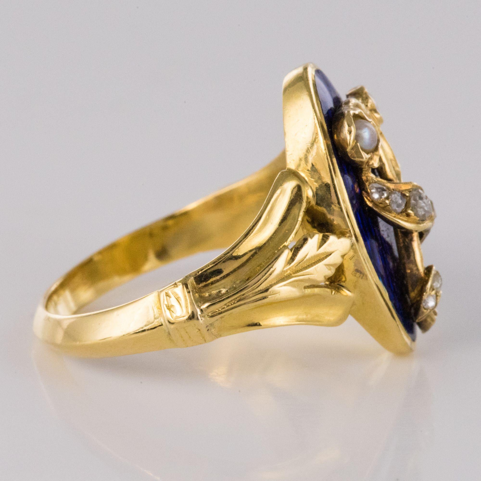 Women's French Napoleon III Blue Enamel Natural Pearl Diamond Antique Ring