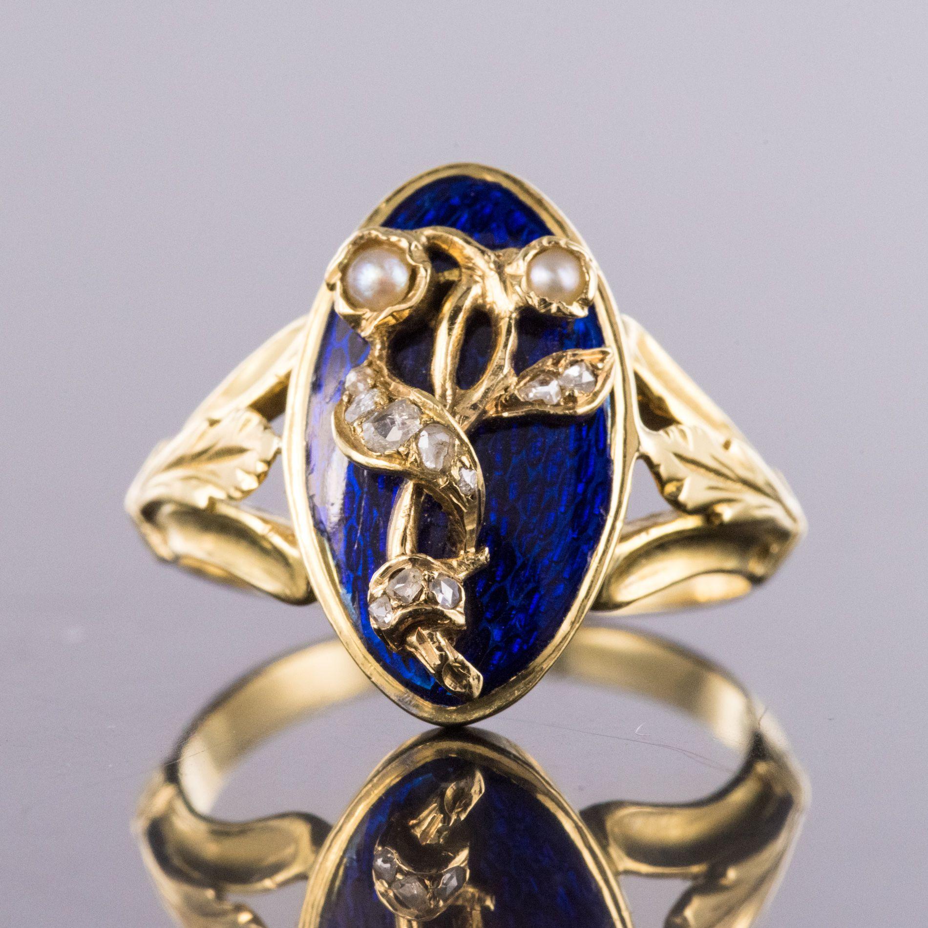 French Napoleon III Blue Enamel Natural Pearl Diamond Antique Ring 2