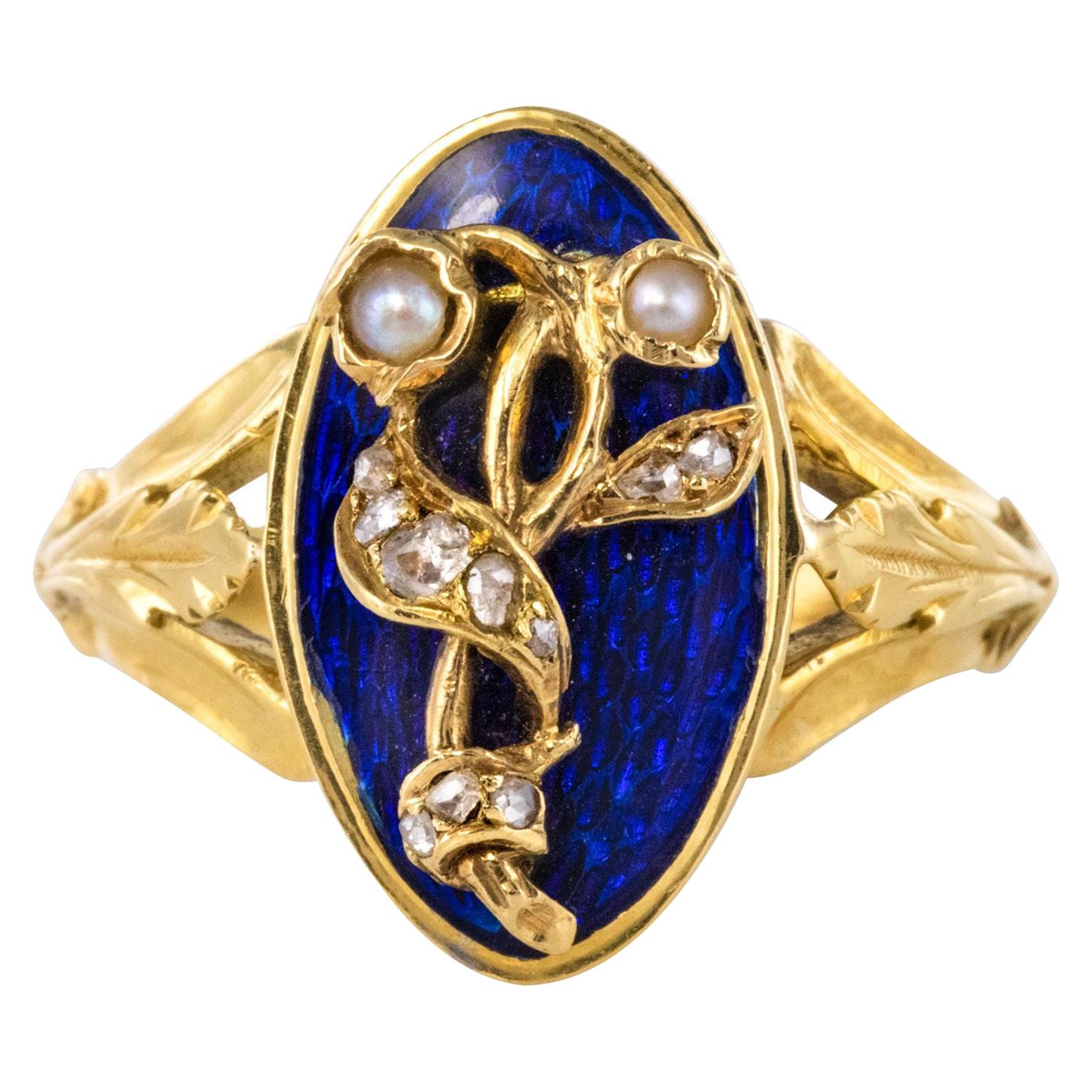 French Napoleon III Blue Enamel Natural Pearl Diamond Antique Ring
