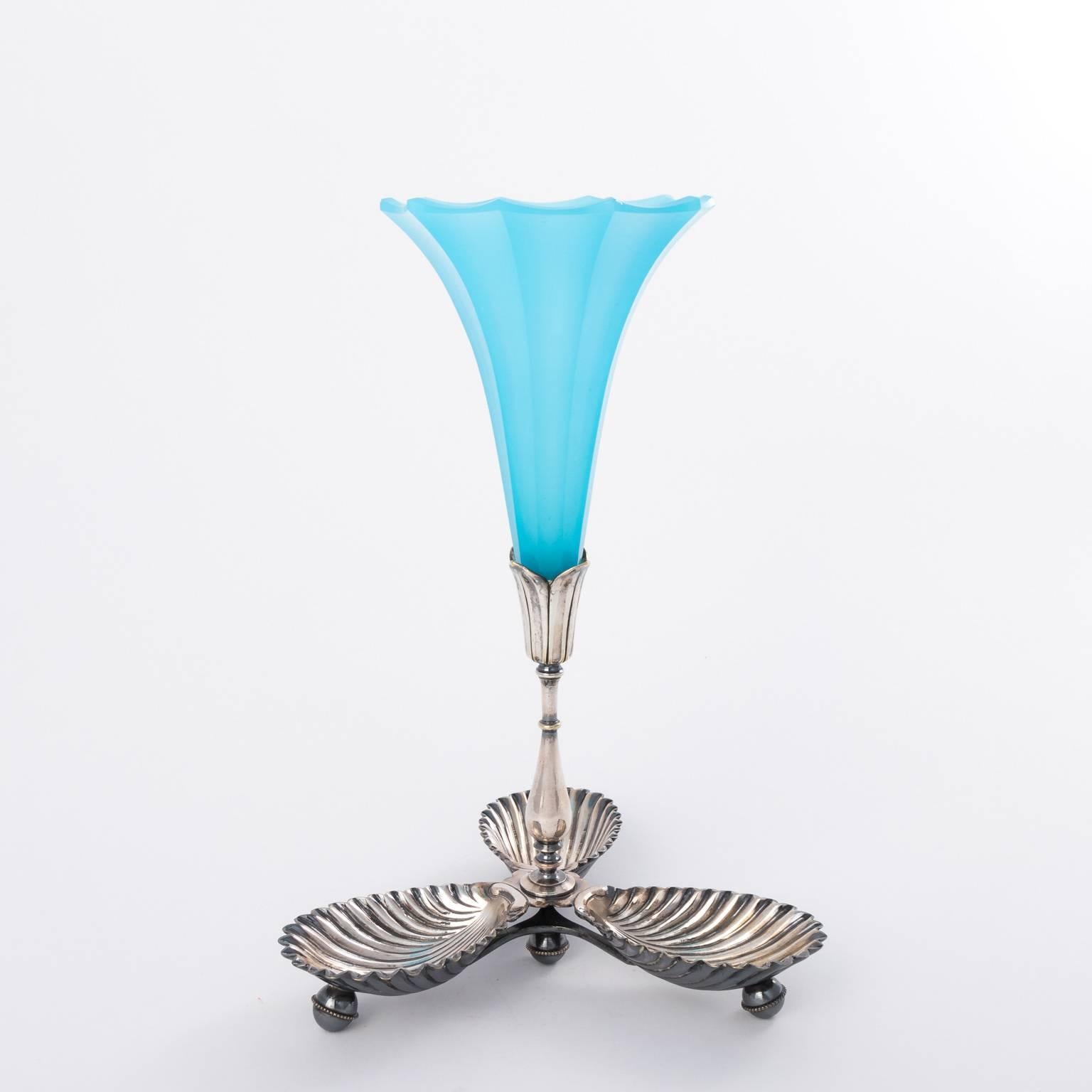Early 20th Century French Napoleon III Blue Opaline Glass Trumpet Epergne Vase, circa 1900s