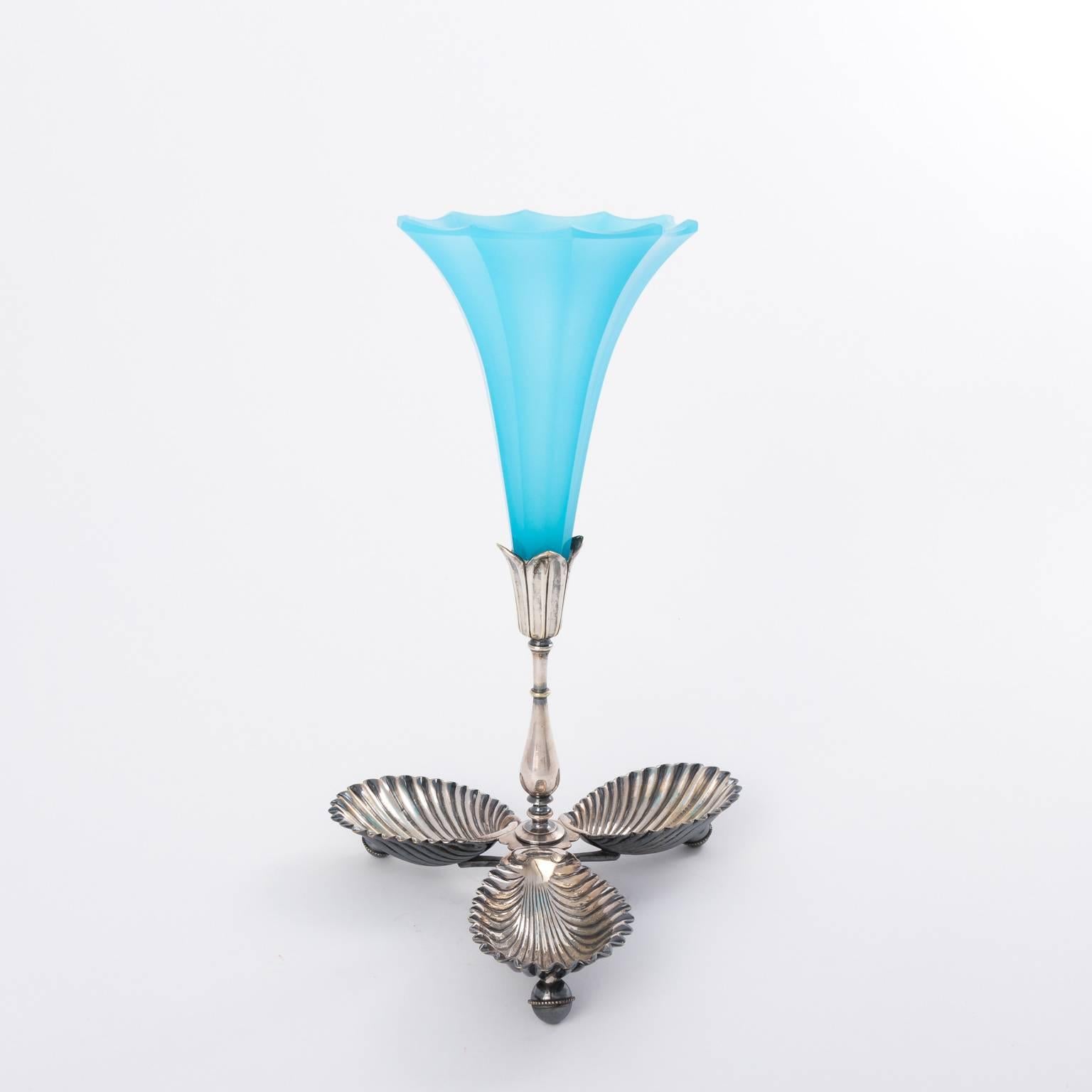 Silver Plate French Napoleon III Blue Opaline Glass Trumpet Epergne Vase, circa 1900s