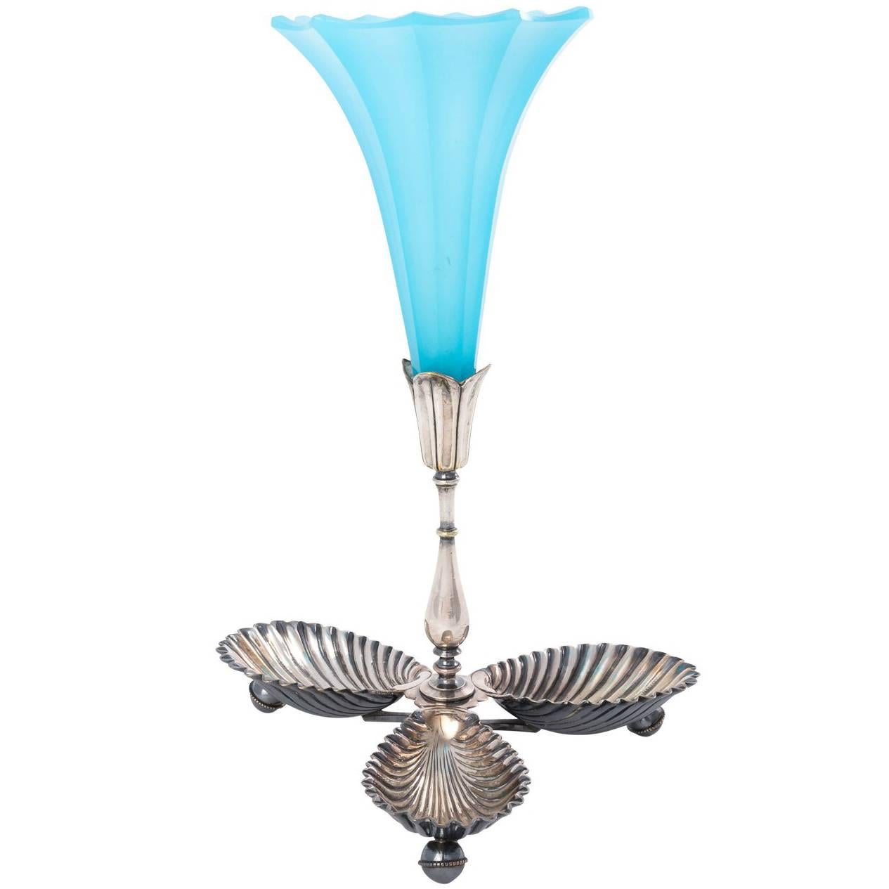 French Napoleon III Blue Opaline Glass Trumpet Epergne Vase, circa 1900s