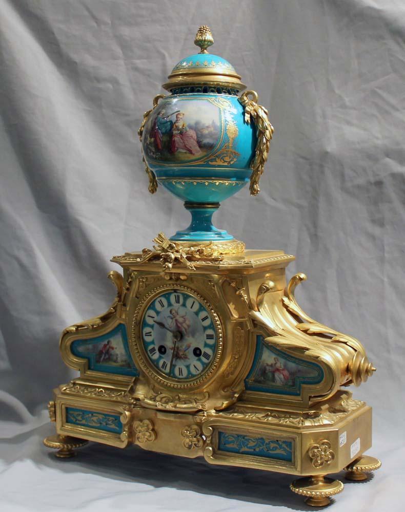 Gilt French Napoleon III blue porcelain and ormolu clock For Sale