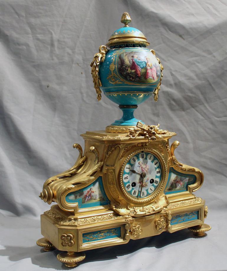 Bronze French Napoleon III blue porcelain and ormolu clock For Sale