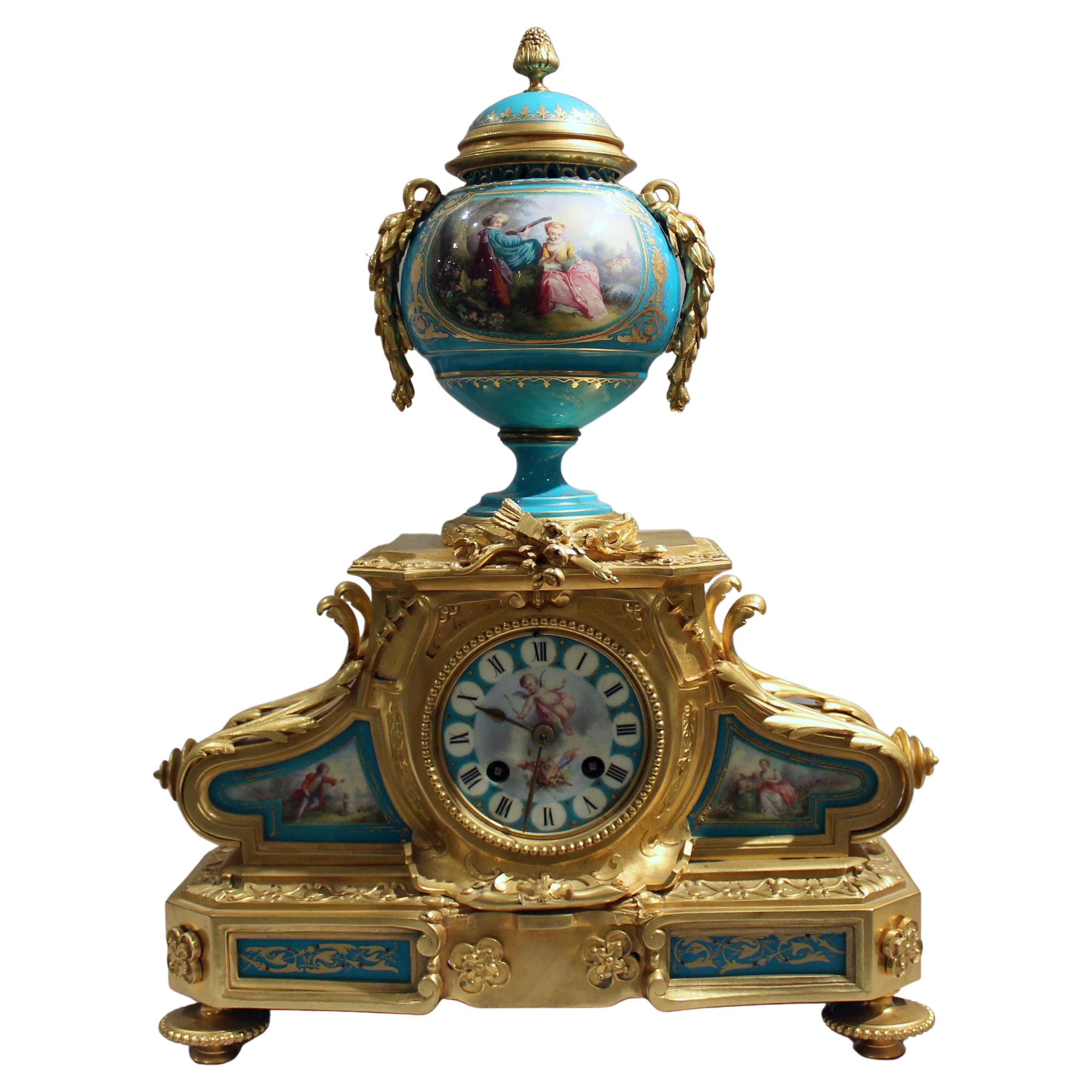 French Napoleon III blue porcelain and ormolu clock