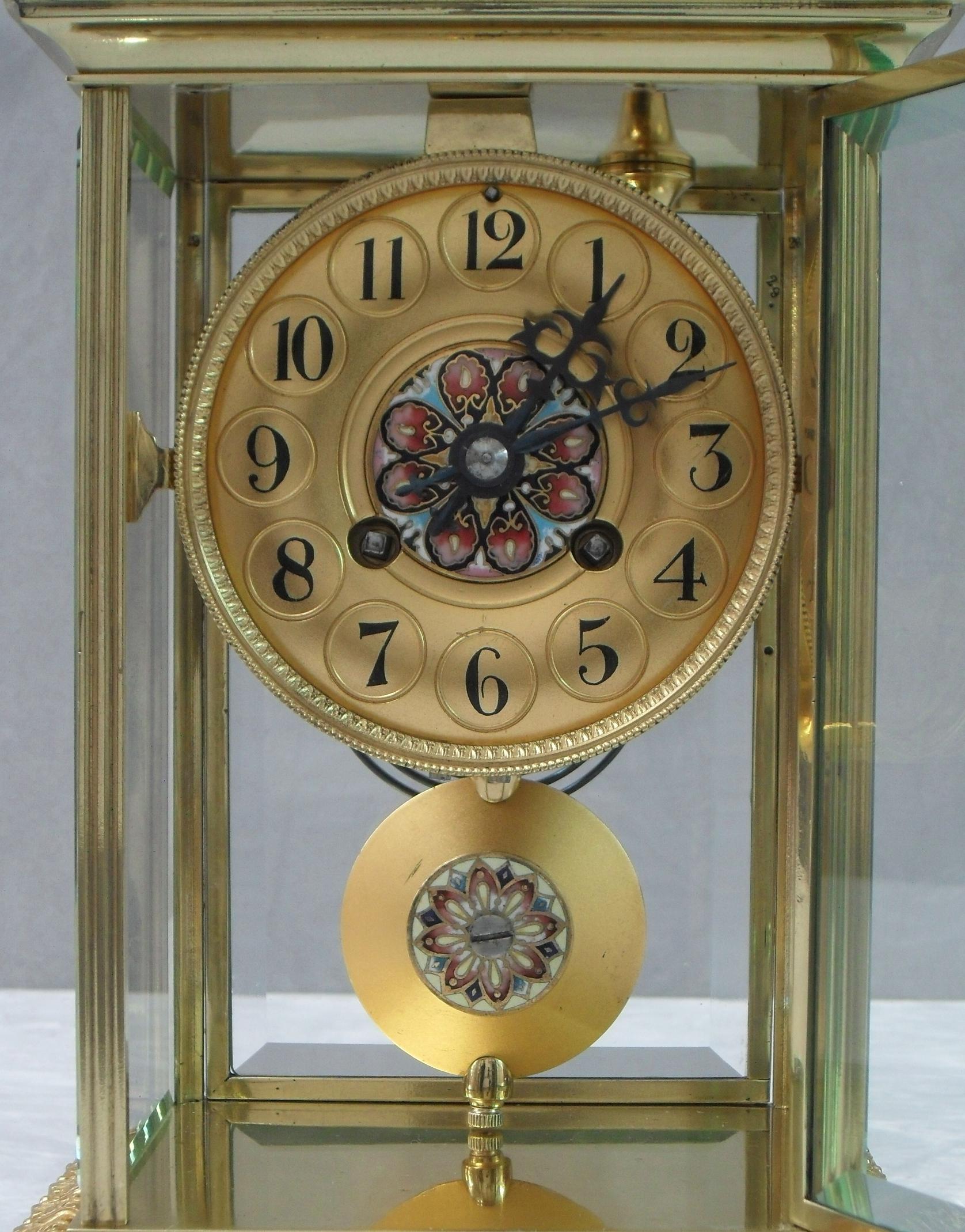 French Napoleon III Brass Four Glass and Champleve Mantel Clock In Good Condition In Macclesfield, GB
